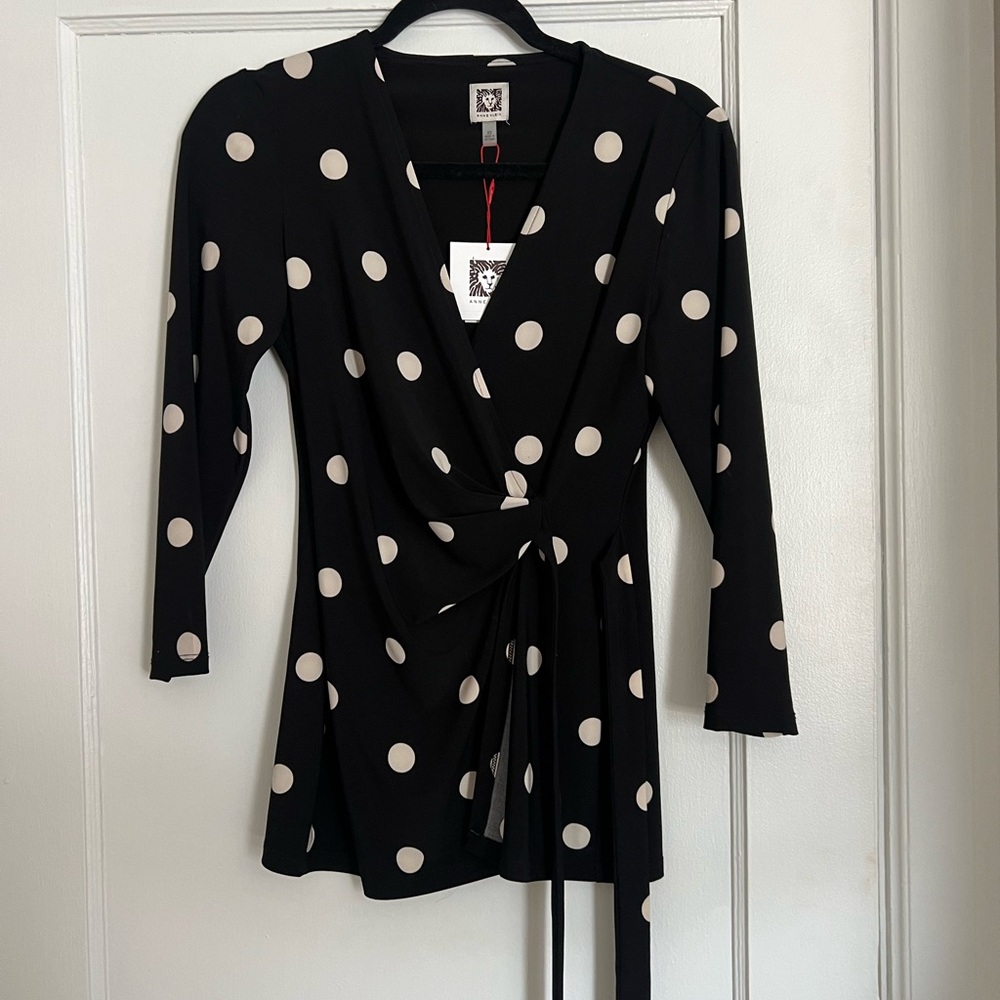 Anne Klein black & white polka dot blouse